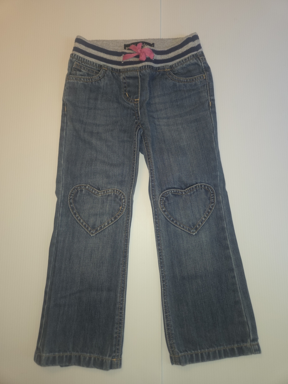 Mini Boden Heart Patch Denim Jeans with Pull On Knit Waistband Size 5